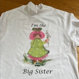 Adorable Big Sister Long Sleeve Tee - White with Green and Pink Illustration